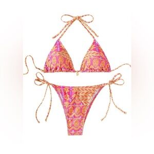 Women's Pink Orange Mandala‎ Print Triangle Halter Large Bikini Tie Side Thong